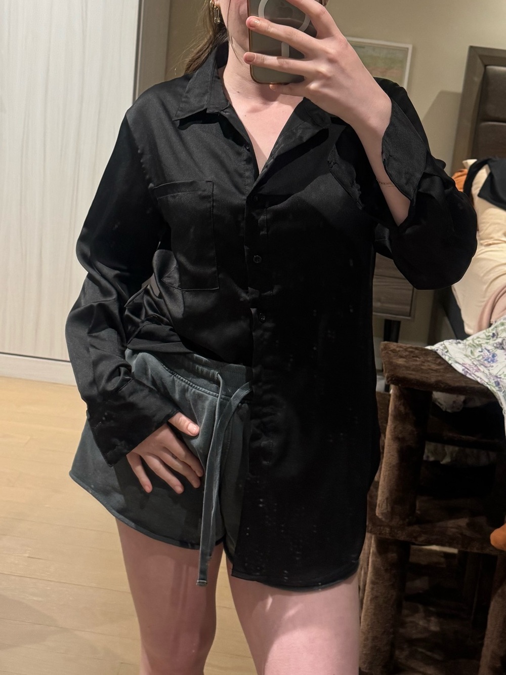 Nasty Gal Black Satin Button-Down Shirt